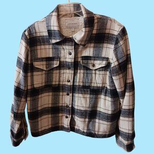 Lucky Brand Womens Flannel Plaid Sherpa-Lined Snap Jacket Black & Cream Small
